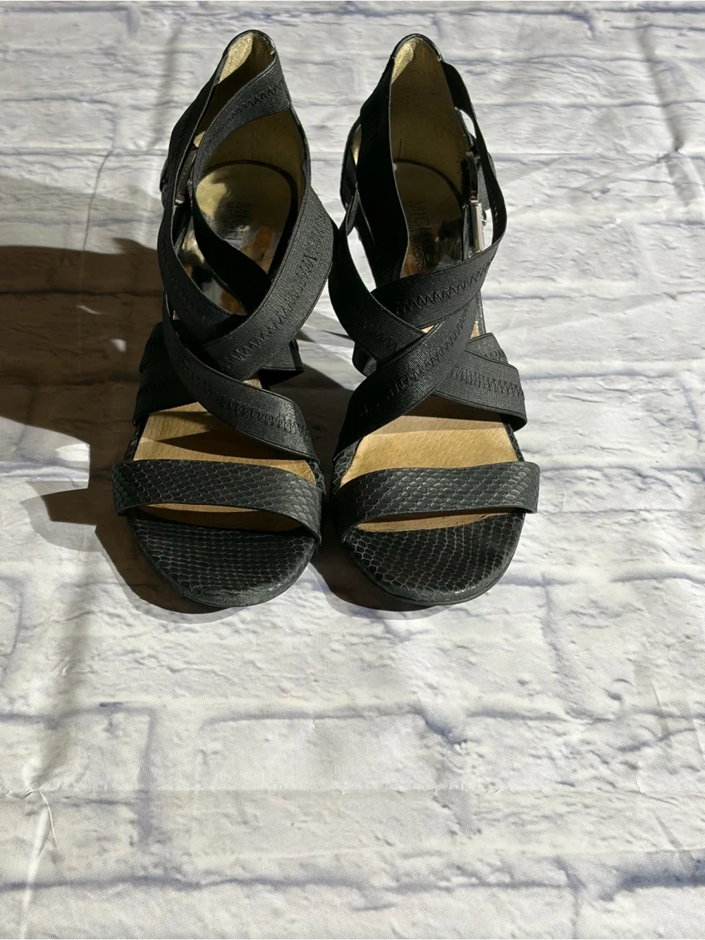 Michael Kors Black Snake Embossed Strappy Kitten Heel Sandals Size 7.5